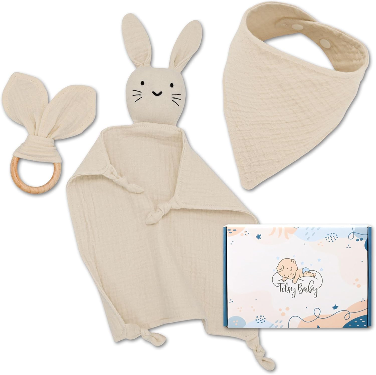 TOTSY BABY muszlin komfort takaró és előke, fa rágóka 27 x 27 cm NYÚL