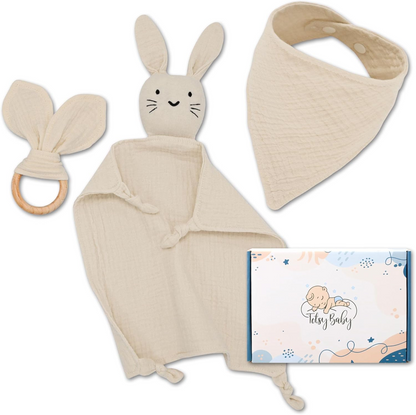 TOTSY BABY muszlin komfort takaró és előke, fa rágóka 27 x 27 cm NYÚL