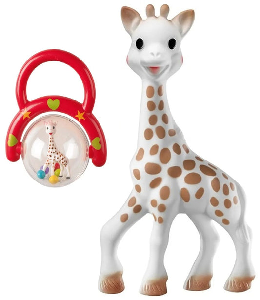 Set girafe Sophie pour bébés anneau de dentition naturel + hochet