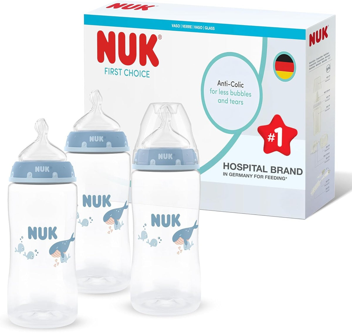 NUK First Choice 3 db-os készlet, 300 ml-es cumisüvegek, M-es cumifej, 3 hó+, BALEn