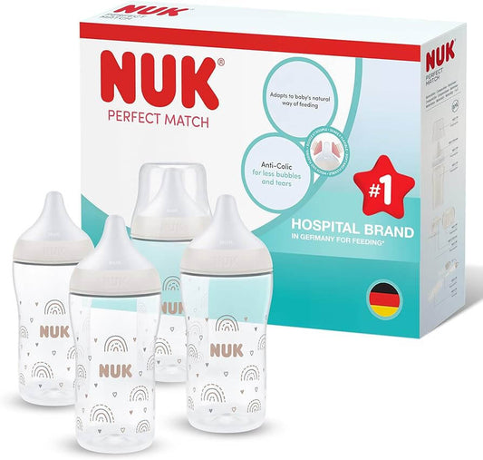 NUK Perfect Match butelki antykolkowe 260 ml 3m+ x4, zestaw 4 butelek do karmienia