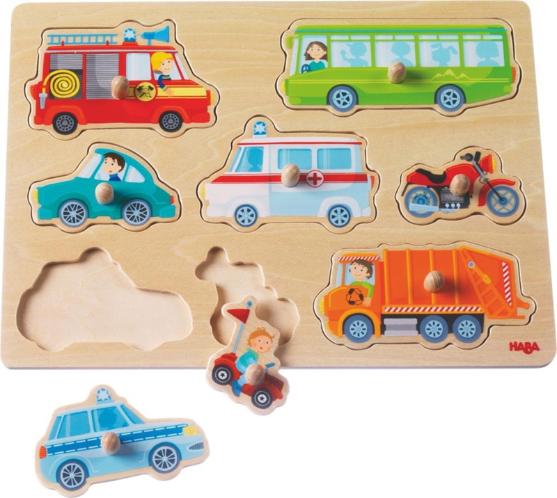 Puzzle din lemn HABA cu 8 piese, 21 x 30 cm, VEHICULE