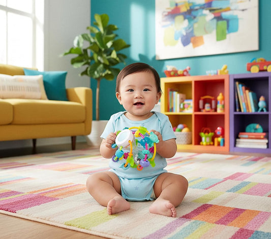 PLAYGRO Play and Learn Ball rágóka, markolható csörgővel és tükörrel, 14 cm – termékfotó 2