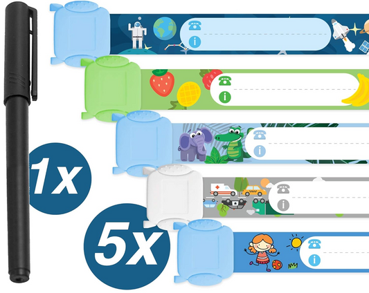 TAMPEN vízálló SOS karkötők gyerekeknek 5 db + filctoll