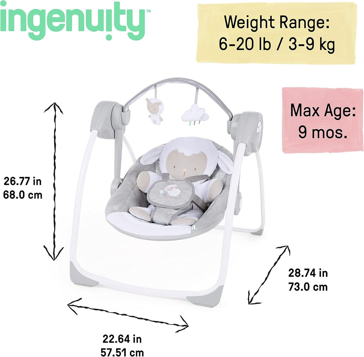 INGENUITY Comfort2GO șezlong SUNETE VIBRAȚII Cuddle Lamb
