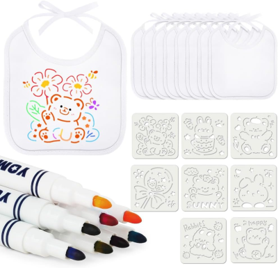 AOLSO fehér előkék festéshez x8 + filctollak x8 + sablon x8