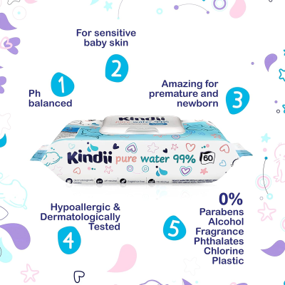 KINDII Pure Water 99 vízzel átitatott nedves törlőkendő x60