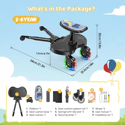BUGGY BOARD univerzális babakocsi fellépő, 25 kg-ig, LED kerekekkel