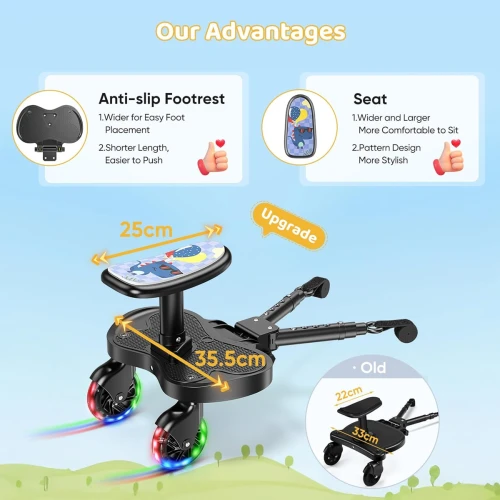 BUGGY BOARD univerzális babakocsi fellépő, 25 kg-ig, LED kerekekkel