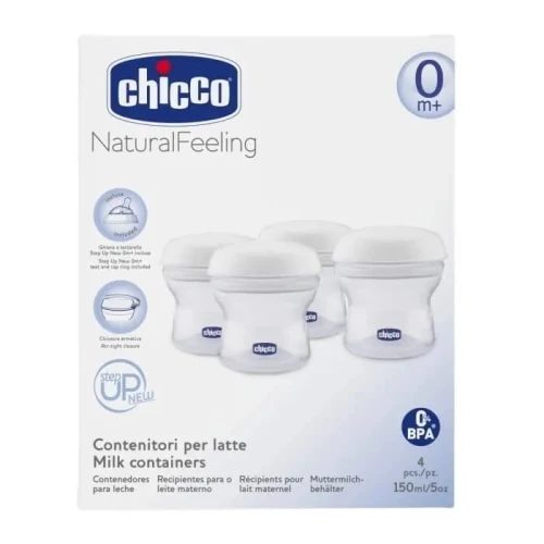CHICCO tejtároló edények 4 x 150 ml + cumi kupakkal